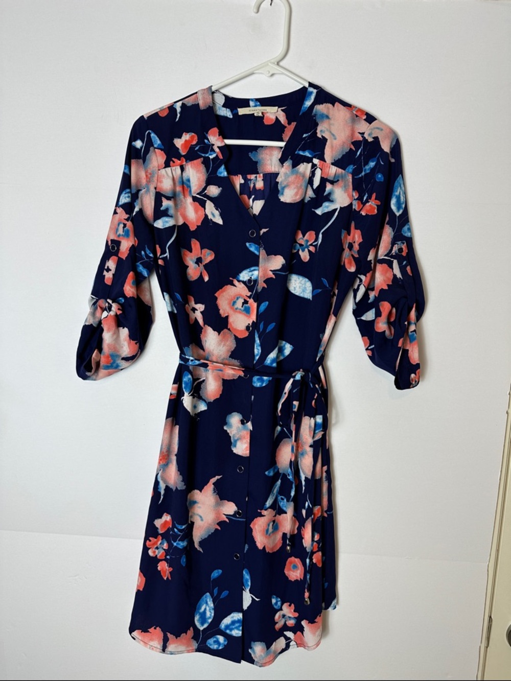 Navy Floral Button-Front Wrap Dress
